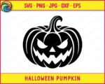Black silhouette image of a halloween pumpkin with a classic carved jack o lantern face. The design features angled, angry eyes, a small triangular nose, and a wide, jagged grin showing sharp teeth. A curved stem with detailed ridges sits at the top. This clean black vector stencil captures the fun look of the spooky season, perfect as a graphic template on a transparent background.