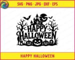Black silhouette image of a detailed Happy Halloween scene. The design features a spooky haunted house on a hill, with two bare, gnarled trees flanking it. Several bats fly in front of a large full moon, and more bats flutter around. Below the text "Happy Halloween," there are three carved jack-o'-lantern pumpkins, a black cat, and a gravestone. This Happy Halloween vector clipart shows a scary, festive Happy Halloween display.