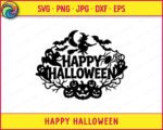 Black silhouette image of a happy halloween scene featuring a witch flying on a broom under a crescent moon, bats in flight, ghosts peeking out, a spider hanging from its web, and a row of jack o lanterns with twisted bare branches below bold Happy Halloween text. A spooky season svg cut file and fall fright night clipart design, shown as a minimalist vector outline on a transparent background for digital and print use.