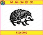 Black silhouette image of a hedgehog with highly detailed, layered quills covering its entire back and sides, each quill individually drawn and fanning outward in sharp pointed layers. The hedgehog has a sturdy body, short thick legs with small clawed feet, a rounded pointed snout, and a small dark eye. This hedgehog svg clipart vector image is rendered in solid black on a transparent background, with the quill texture creating a rich, intricate pattern across the animal.