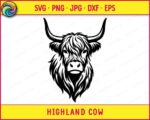Black silhouette image of a highland cow head facing forward. The detailed vector features the distinct shaggy hair covering its eyes and flowing down its neck, giving the highland cow a unique, furry look. Long, curved horns extend from the sides of the head. This digital clipart shows the facial features of the highland cow with clean lines, perfect as a transparent cut file. This image is a bold representation of a highland cow.