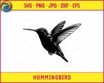 Black silhouette image of a hummingbird in mid-flight with its long, slender beak pointing to the left. The tiny flying bird has its wings spread wide, showing detailed feathers with clean cutouts that let the background show through. This spring garden fauna graphic has a solid black body with delicate transparent highlights along its head and neck, creating a clean vector design.