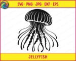 Black silhouette image of a jellyfish with a large round dome-shaped bell filled in solid black, featuring thin white ribbed lines radiating from the center to the edge of the cap. Below the jellyfish bell, long tentacles spread outward in all directions, some thin and gently curved, others thick and wavy with a rippled texture. The jellyfish clipart is a detailed vector silhouette on a transparent background, shown as a clean black png and svg image.