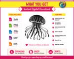 Black silhouette image of a jellyfish with a large round dome-shaped bell filled in solid black, featuring thin white ribbed lines radiating from the center to the edge of the cap. Below the jellyfish bell, long tentacles spread outward in all directions, some thin and gently curved, others thick and wavy with a rippled texture. The jellyfish clipart is a detailed vector silhouette on a transparent background, shown as a clean black png and svg image.