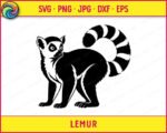 Black silhouette image of a lemur standing on all fours with its head turned to look forward. The lemur has large round eyes, a pointed snout, tufted ears, and detailed fur texture along its body and legs. Its long tail curls upward and around in a spiral, decorated with bold alternating stripes. This lemur svg design works as a digital clipart cut file, vector outline, or transparent png for craft and design projects.