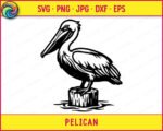Black silhouette image of a pelican standing on top of a short wooden dock post, with water ripples shown around the base. The pelican faces left, showing its long flat bill with a visible throat pouch, a round eye with detail, and layered feathers across the wings and body. The pelican's feet grip the post firmly. This is a clean black vector clipart design of a pelican with fine line texture details throughout the feathers and post wood grain.