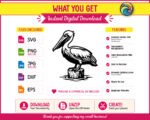 Black silhouette image of a pelican standing on top of a short wooden dock post, with water ripples shown around the base. The pelican faces left, showing its long flat bill with a visible throat pouch, a round eye with detail, and layered feathers across the wings and body. The pelican's feet grip the post firmly. This is a clean black vector clipart design of a pelican with fine line texture details throughout the feathers and post wood grain.
