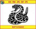Black silhouette image of a coiled rattlesnake. The rattlesnake is shown with its mouth wide open, exposing its fangs, and its tongue flicking out. The distinctive shaker tail of the rattlesnake is clearly visible, coiled up behind its body. The body of the rattlesnake has detailed patterns, adding depth to the black vector outline. This digital clipart image is a clean rattlesnake svg design, perfect as a transparent cut file.