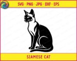 Black silhouette image of a Siamese Cat sitting upright in a side-profile pose with its head turned slightly toward the viewer. The Siamese Cat has tall pointed ears, a long slender neck, and a large rounded body. The tail is wrapped forward beneath the body. This Siamese Cat silhouette vector has smooth clean edges and is shown on a transparent background, making it ideal as a minimalist svg or png cut file clipart.