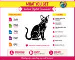 Black silhouette image of a hairless sphynx cat sitting with its head turned to the right. The sleek body of this sphynx cat is shown in a minimalist, detailed outline vector art style. Its large ears and slender features are clearly visible. This digital clipart image is a transparent PNG and SVG cut file, perfect for various projects. A distinct hairless sphynx cat silhouette.