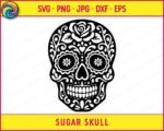 Black silhouette image of a sugar skull in the classic Day of the Dead calavera style. The sugar skull has a large detailed rose at the top of the head surrounded by swirling scroll leaves. Each eye socket contains a flower with petals radiating from the center. The nose is shaped like a small heart. The mouth shows a full row of teeth. Ornate floral and leaf patterns fill the cheeks, chin, and forehead of the sugar skull. This svg vector clipart is on a transparent background with clean black linework.