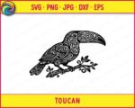 Black silhouette image of a toucan perched on a decorative branch with small leaves. The toucan is drawn entirely in a tribal style, with intricate swirling scroll patterns and spiral motifs filling the bird's body, wings, and tail feathers. The large curved beak typical of a toucan is clearly defined. The svg clipart vector design sits on a transparent background with no outlines, making the toucan's tribal detail the main focus of the image.