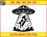 Black silhouette image of a flying saucer UFO hovering in the sky with a wide tractor beam shining downward, depicting an Alien Abduction Cow scene where a spotted dairy cow is lifted mid-air with legs kicking outward. The Alien Abduction Cow svg shows swirling dust clouds and scattered debris at the base of the beam. The saucer features oval windows and a domed top. This Alien Abduction Cow vector clipart is rendered in solid black on a transparent background.