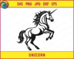 Black silhouette image of a rearing unicorn standing on its two back legs with both front hooves raised high in the air. The unicorn has a long flowing mane that trails behind it in sweeping waves, a full dramatic tail, and a long spiraling horn on its forehead. The unicorn body is rendered in a bold graphic style with strong black linework and clean curves. This unicorn svg clipart is a powerful and detailed vector design on a transparent background.