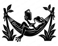 Black silhouette image of a Reading Frog lying back in a hammock strung between two leafy plants holding an open book up to read. The Reading Frog has one leg crossed over the other in a relaxed pose, with tall grass and leaves framing both sides of the scene. This Reading Frog design is shown as a clean vector cut file with smooth outlines on a transparent background, ideal as a minimalist digital clipart image.