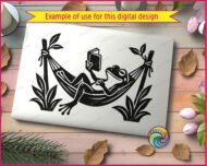 Black silhouette image of a Reading Frog lying back in a hammock strung between two leafy plants holding an open book up to read. The Reading Frog has one leg crossed over the other in a relaxed pose, with tall grass and leaves framing both sides of the scene. This Reading Frog design is shown as a clean vector cut file with smooth outlines on a transparent background, ideal as a minimalist digital clipart image.