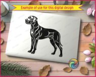 Black silhouette image of a great dane dog standing in a proud pose facing left. The great dane design features detailed inner line work across the body, legs, ears, and tail showing muscle definition and fur texture in a hand drawn style. This great dane svg is shown as a vector cut file with clean smooth edges on a transparent background, ideal for digital clipart use as a dog breed silhouette outline image.