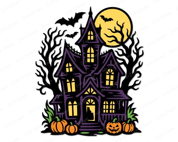 Layered colour image of a halloween haunted house with a tall crooked roofline, glowing yellow windows, and a lit up front door. Bare twisted black trees stand on both sides beneath a large yellow full moon, with bats flying across the sky in a spooky season bats pumpkins scene. Orange pumpkins and green grass sit along the bottom near the porch steps. Colours include deep purple, black, yellow, and orange in a layered vector cut file style with a transparent background.