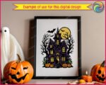 Layered colour image of a halloween haunted house with a tall crooked roofline, glowing yellow windows, and a lit up front door. Bare twisted black trees stand on both sides beneath a large yellow full moon, with bats flying across the sky in a spooky season bats pumpkins scene. Orange pumpkins and green grass sit along the bottom near the porch steps. Colours include deep purple, black, yellow, and orange in a layered vector cut file style with a transparent background.