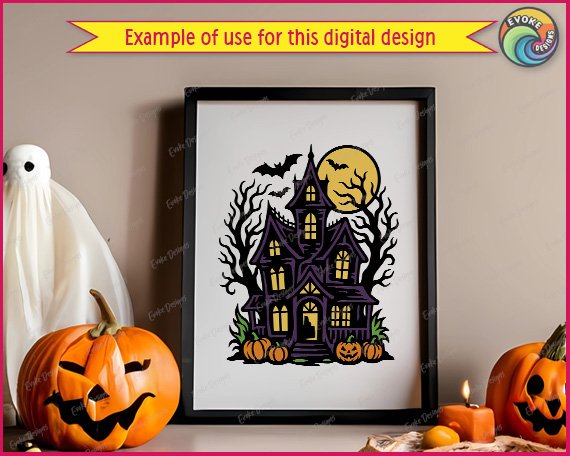 Layered colour image of a halloween haunted house with a tall crooked roofline, glowing yellow windows, and a lit up front door. Bare twisted black trees stand on both sides beneath a large yellow full moon, with bats flying across the sky in a spooky season bats pumpkins scene. Orange pumpkins and green grass sit along the bottom near the porch steps. Colours include deep purple, black, yellow, and orange in a layered vector cut file style with a transparent background.