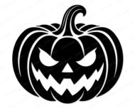 Black silhouette image of a halloween pumpkin with a classic carved jack o lantern face. The design features angled, angry eyes, a small triangular nose, and a wide, jagged grin showing sharp teeth. A curved stem with detailed ridges sits at the top. This clean black vector stencil captures the fun look of the spooky season, perfect as a graphic template on a transparent background.