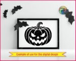 Black silhouette image of a halloween pumpkin with a classic carved jack o lantern face. The design features angled, angry eyes, a small triangular nose, and a wide, jagged grin showing sharp teeth. A curved stem with detailed ridges sits at the top. This clean black vector stencil captures the fun look of the spooky season, perfect as a graphic template on a transparent background.