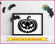 Black silhouette image of a halloween pumpkin with a classic carved jack o lantern face. The design features angled, angry eyes, a small triangular nose, and a wide, jagged grin showing sharp teeth. A curved stem with detailed ridges sits at the top. This clean black vector stencil captures the fun look of the spooky season, perfect as a graphic template on a transparent background.