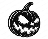 Black silhouette image of a halloween pumpkin with a menacing carved face, featuring large angular slanted eyes, a wide jagged grin with uneven teeth, and a long curved stem at the top. The halloween pumpkin has deep vertical ridges across its round body and a slightly lopsided expression that gives it a creepy, unsettling look. This halloween pumpkin svg clipart is a bold black vector design on a transparent background, perfect as a spooky jack-o-lantern cut file.
