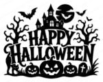 Black silhouette image of a detailed Happy Halloween scene. The design features a spooky haunted house on a hill, with two bare, gnarled trees flanking it. Several bats fly in front of a large full moon, and more bats flutter around. Below the text "Happy Halloween," there are three carved jack-o'-lantern pumpkins, a black cat, and a gravestone. This Happy Halloween vector clipart shows a scary, festive Happy Halloween display.