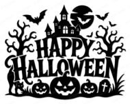 Black silhouette image of a detailed Happy Halloween scene. The design features a spooky haunted house on a hill, with two bare, gnarled trees flanking it. Several bats fly in front of a large full moon, and more bats flutter around. Below the text "Happy Halloween," there are three carved jack-o'-lantern pumpkins, a black cat, and a gravestone. This Happy Halloween vector clipart shows a scary, festive Happy Halloween display.