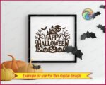 Black silhouette image of a detailed Happy Halloween scene. The design features a spooky haunted house on a hill, with two bare, gnarled trees flanking it. Several bats fly in front of a large full moon, and more bats flutter around. Below the text "Happy Halloween," there are three carved jack-o'-lantern pumpkins, a black cat, and a gravestone. This Happy Halloween vector clipart shows a scary, festive Happy Halloween display.