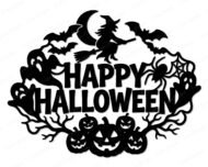 Black silhouette image of a happy halloween scene featuring a witch flying on a broom under a crescent moon, bats in flight, ghosts peeking out, a spider hanging from its web, and a row of jack o lanterns with twisted bare branches below bold Happy Halloween text. A spooky season svg cut file and fall fright night clipart design, shown as a minimalist vector outline on a transparent background for digital and print use.