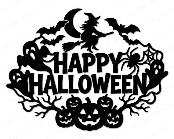 Happy Halloween Black silhouette image of a happy halloween scene featuring a witch flying on a broom under a crescent moon, bats in flight, ghosts peeking out, a spider hanging from its web, and a row of jack o lanterns with twisted bare branches below bold Happy Halloween text. A spooky season svg cut file and fall fright night clipart design, shown as a minimalist vector outline on a transparent background for digital and print use.