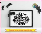 Black silhouette image of a happy halloween scene featuring a witch flying on a broom under a crescent moon, bats in flight, ghosts peeking out, a spider hanging from its web, and a row of jack o lanterns with twisted bare branches below bold Happy Halloween text. A spooky season svg cut file and fall fright night clipart design, shown as a minimalist vector outline on a transparent background for digital and print use.