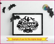 Black silhouette image of a happy halloween scene featuring a witch flying on a broom under a crescent moon, bats in flight, ghosts peeking out, a spider hanging from its web, and a row of jack o lanterns with twisted bare branches below bold Happy Halloween text. A spooky season svg cut file and fall fright night clipart design, shown as a minimalist vector outline on a transparent background for digital and print use.