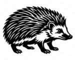 Black silhouette image of a hedgehog with highly detailed, layered quills covering its entire back and sides, each quill individually drawn and fanning outward in sharp pointed layers. The hedgehog has a sturdy body, short thick legs with small clawed feet, a rounded pointed snout, and a small dark eye. This hedgehog svg clipart vector image is rendered in solid black on a transparent background, with the quill texture creating a rich, intricate pattern across the animal.
