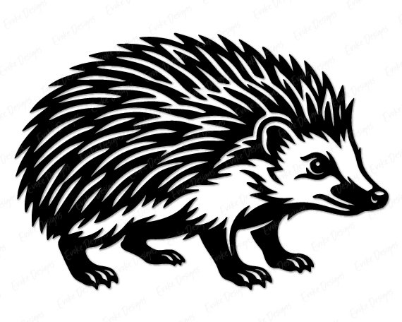 Hedgehog Black silhouette image of a hedgehog with highly detailed, layered quills covering its entire back and sides, each quill individually drawn and fanning outward in sharp pointed layers. The hedgehog has a sturdy body, short thick legs with small clawed feet, a rounded pointed snout, and a small dark eye. This hedgehog svg clipart vector image is rendered in solid black on a transparent background, with the quill texture creating a rich, intricate pattern across the animal.