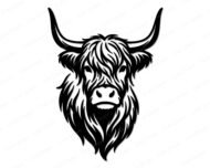 Black silhouette image of a highland cow head facing forward. The detailed vector features the distinct shaggy hair covering its eyes and flowing down its neck, giving the highland cow a unique, furry look. Long, curved horns extend from the sides of the head. This digital clipart shows the facial features of the highland cow with clean lines, perfect as a transparent cut file. This image is a bold representation of a highland cow.