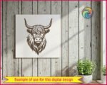 Black silhouette image of a highland cow head facing forward. The detailed vector features the distinct shaggy hair covering its eyes and flowing down its neck, giving the highland cow a unique, furry look. Long, curved horns extend from the sides of the head. This digital clipart shows the facial features of the highland cow with clean lines, perfect as a transparent cut file. This image is a bold representation of a highland cow.