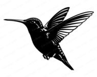 Black silhouette image of a hummingbird in mid-flight with its long, slender beak pointing to the left. The tiny flying bird has its wings spread wide, showing detailed feathers with clean cutouts that let the background show through. This spring garden fauna graphic has a solid black body with delicate transparent highlights along its head and neck, creating a clean vector design.