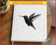 Black silhouette image of a hummingbird in mid-flight with its long, slender beak pointing to the left. The tiny flying bird has its wings spread wide, showing detailed feathers with clean cutouts that let the background show through. This spring garden fauna graphic has a solid black body with delicate transparent highlights along its head and neck, creating a clean vector design.