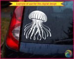 Black silhouette image of a jellyfish with a large round dome-shaped bell filled in solid black, featuring thin white ribbed lines radiating from the center to the edge of the cap. Below the jellyfish bell, long tentacles spread outward in all directions, some thin and gently curved, others thick and wavy with a rippled texture. The jellyfish clipart is a detailed vector silhouette on a transparent background, shown as a clean black png and svg image.