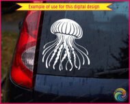 Black silhouette image of a jellyfish with a large round dome-shaped bell filled in solid black, featuring thin white ribbed lines radiating from the center to the edge of the cap. Below the jellyfish bell, long tentacles spread outward in all directions, some thin and gently curved, others thick and wavy with a rippled texture. The jellyfish clipart is a detailed vector silhouette on a transparent background, shown as a clean black png and svg image.