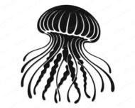 Black silhouette image of a jellyfish with a large round dome-shaped bell filled in solid black, featuring thin white ribbed lines radiating from the center to the edge of the cap. Below the jellyfish bell, long tentacles spread outward in all directions, some thin and gently curved, others thick and wavy with a rippled texture. The jellyfish clipart is a detailed vector silhouette on a transparent background, shown as a clean black png and svg image.