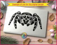 Black silhouette image of a jumping spider shown from the front, with eight large round eyes arranged across the top of the cephalothorax - four big eyes in the center and smaller eyes on each side. The jumping spider has thick, heavily textured hairy legs spread wide in a symmetrical pose, with detailed layered fur markings on every leg segment. The body is broad and compact, typical of a jumping spider, with visible fang-like pedipalps at the front. A bold black vector clipart png on a transparent background.