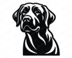 Black silhouette image of a labrador retriever head and shoulders looking slightly to the side. This labrador portrait has clean, distinct cutouts showing the shape of the ears, eyes, and muzzle. The labrador features are defined by solid black areas and open spaces, creating a detailed dog face. The neck curves downward, showing a strong, classic posture on a transparent background.