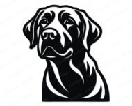 Black silhouette image of a labrador retriever head and shoulders looking slightly to the side. This labrador portrait has clean, distinct cutouts showing the shape of the ears, eyes, and muzzle. The labrador features are defined by solid black areas and open spaces, creating a detailed dog face. The neck curves downward, showing a strong, classic posture on a transparent background.
