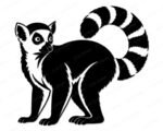 Black silhouette image of a lemur standing on all fours with its head turned to look forward. The lemur has large round eyes, a pointed snout, tufted ears, and detailed fur texture along its body and legs. Its long tail curls upward and around in a spiral, decorated with bold alternating stripes. This lemur svg design works as a digital clipart cut file, vector outline, or transparent png for craft and design projects.
