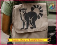 Black silhouette image of a lemur standing on all fours with its head turned to look forward. The lemur has large round eyes, a pointed snout, tufted ears, and detailed fur texture along its body and legs. Its long tail curls upward and around in a spiral, decorated with bold alternating stripes. This lemur svg design works as a digital clipart cut file, vector outline, or transparent png for craft and design projects.