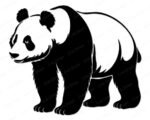 Black silhouette image of a Giant Panda bear walking forward in a natural, grounded stance. The Giant Panda is shown in full body view with thick, textured fur across the torso and legs, distinct dark patches around the eyes, large rounded ears, and heavy chunky paws. The Giant Panda's body is solid and stocky, with detailed fur lines suggesting depth and weight. A clean panda bear svg vector clipart image on a transparent background.